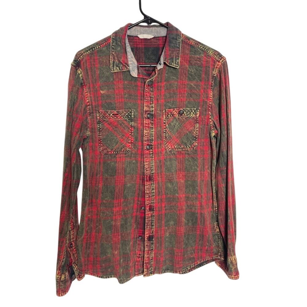 RPI Faded Flannel Womens Size Small Red Grunge Long Sleeve Plaid Button Up‎